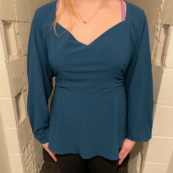 Torrid Brand Size 3 Teal Crepe Sweetheart Long Sleeve Peplum Blouse Top - Picture 4 of 6